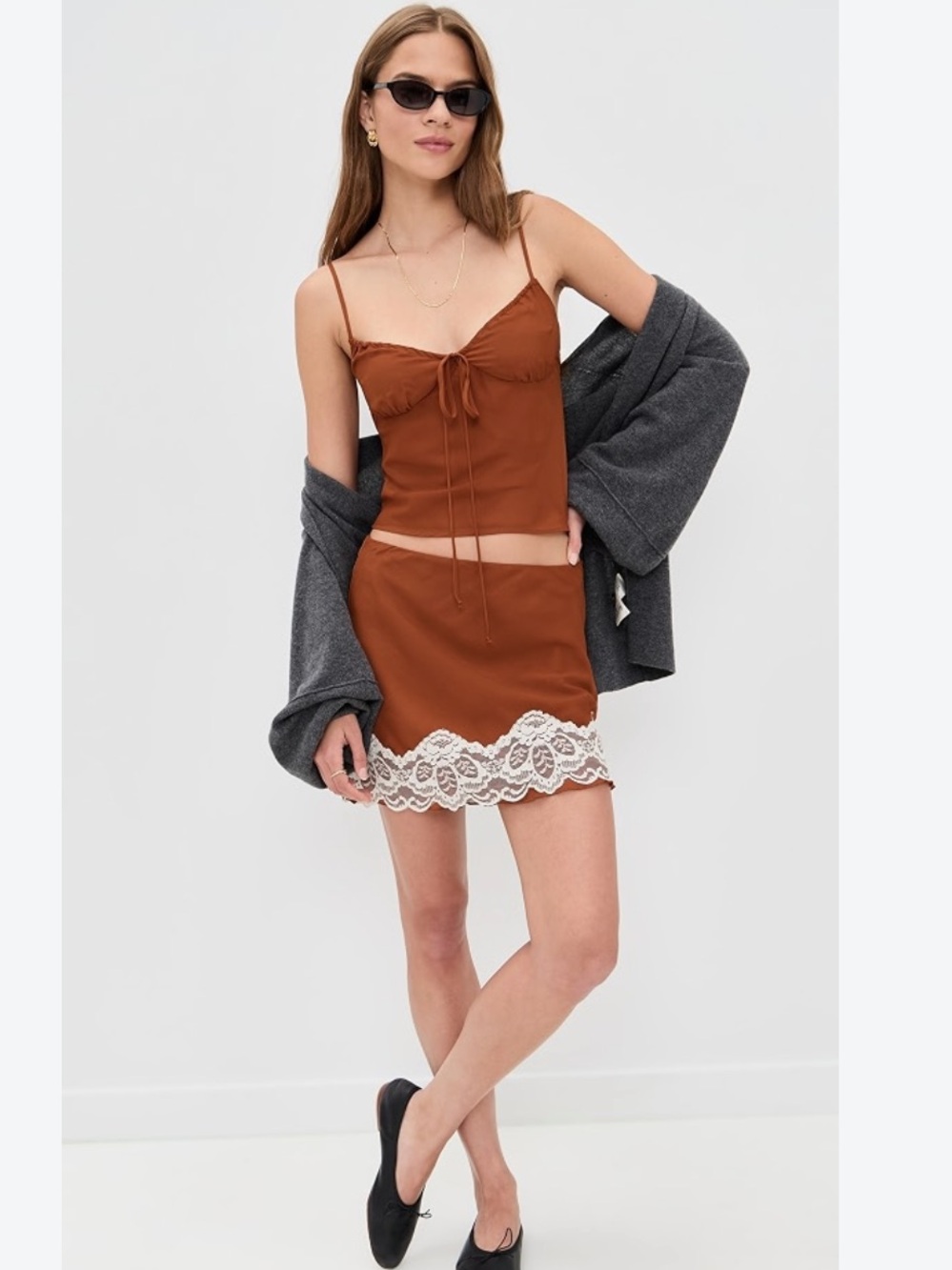 Satin Lace-Trim Mini Skirt set